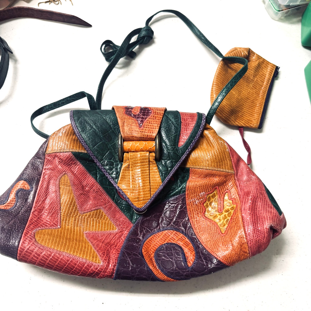 VTG SHARIF USA patchwork purse colorful artsy boho colorful snakeskin croc